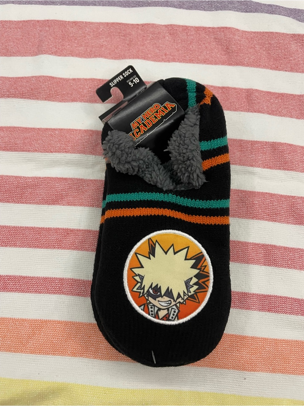 Womens my hero academia Black Plush-Lined Slipper Socks - Orange & Green Stripes